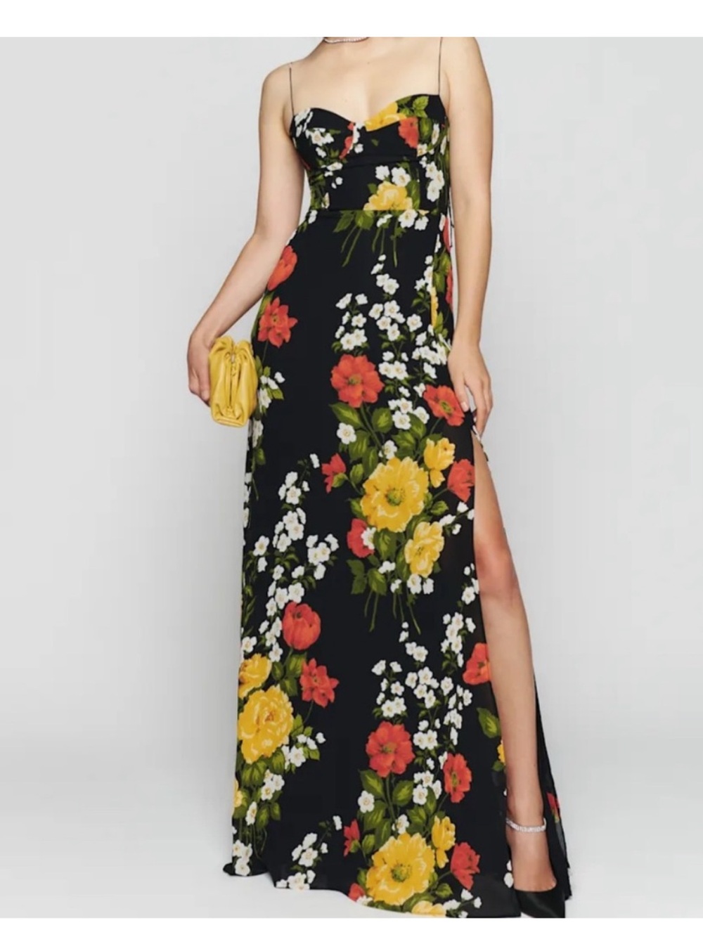Reformation Maxi Dress with Tie Straps - Black/Yellow/Orange floral, size 12 - Picture 10 of 12
